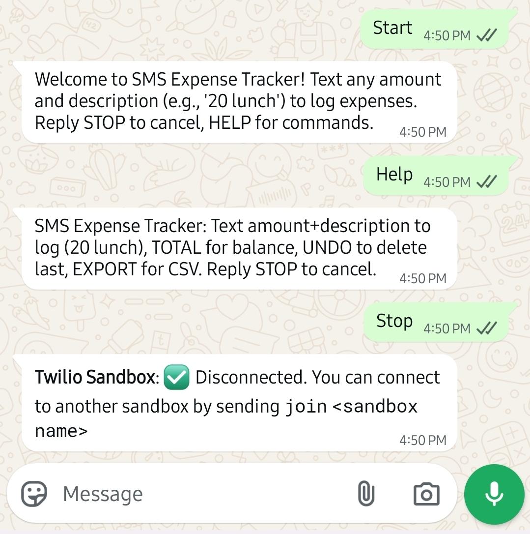 SMS conversation example showing START command and expense tracking